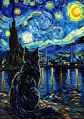 Cat gazing at Starry Night