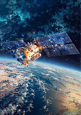 Satellite orbiting Earth in space art