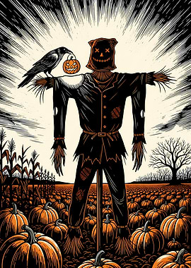Vintage Halloween Scarecrow with Crow and Jack-O'-Lantern