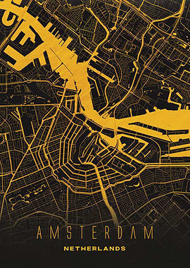 Golden Map of Amsterdam - Modern Netherlands City Wall Art
