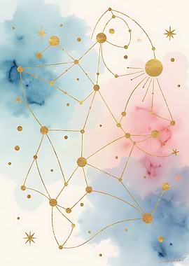 Celestial Gold Network on Watercolor Sky