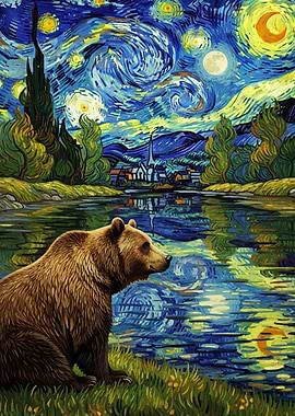 Bear in Starry Night Landscape
