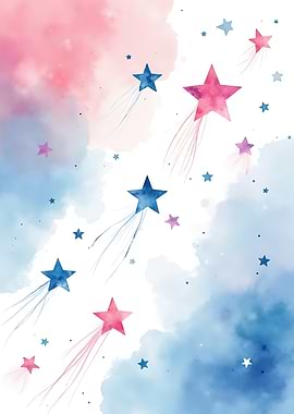 Watercolor Stars in Pink and Blue