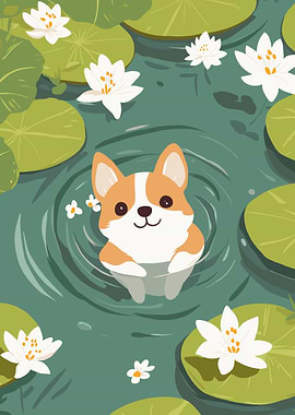 Corgi in Lily Pond Illustration