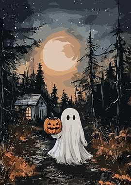 Halloween Ghost with Pumpkin in Forest #HalloweenChallenge