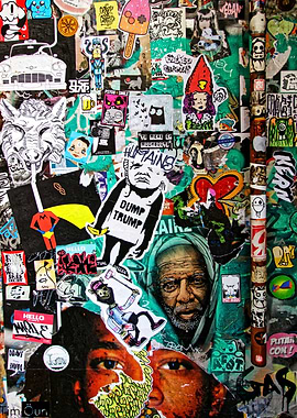 Sticker-covered wall with diverse imagery