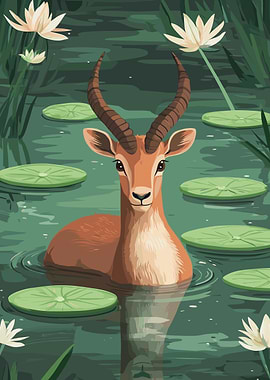 Antelope in Water Lily Pond