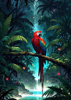 Vibrant Parrot in Lush Jungle Scene