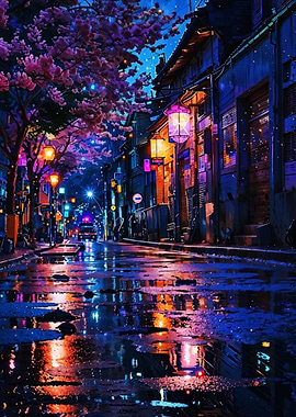 Rainy Night Street with Cherry Blossoms