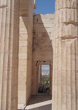 Ancient Stone Columns and City View