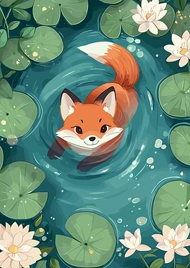 Fox swimming in a pond illustration