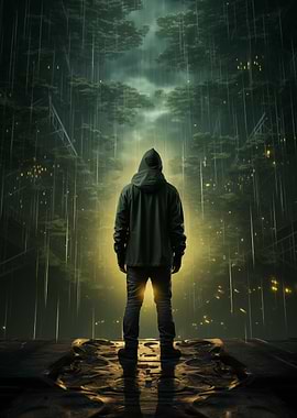 Hooded Figure Rainy Forest