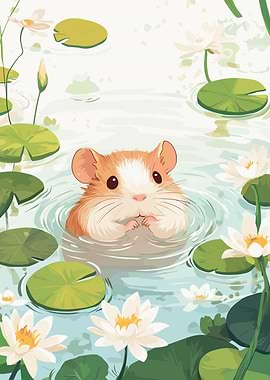 Hamster in Lily Pond Illustration