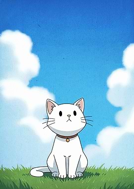 White Cat Cartoon Under Blue Sky
