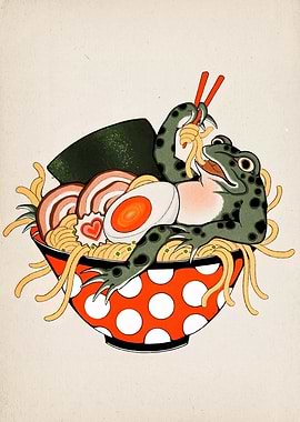 Frog enjoying ramen in a bowl