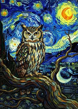 Owl in Starry Night Style Painting