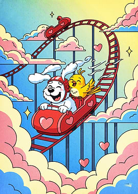 Cartoon Rabbit and Bird on Rollercoaster