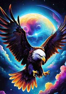 Eagle Soaring Colorful Moon