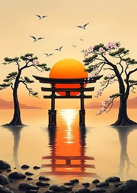 Japanese Torii Gate Sunset Landscape
