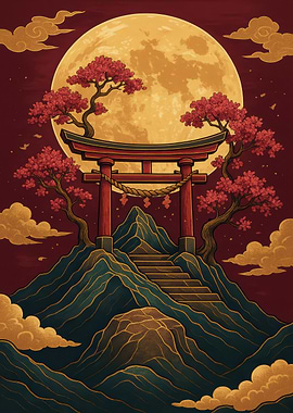 Japanese Torii Gate with Moon