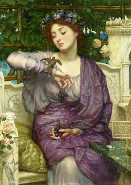 Girl with Bird and Grapes Painting