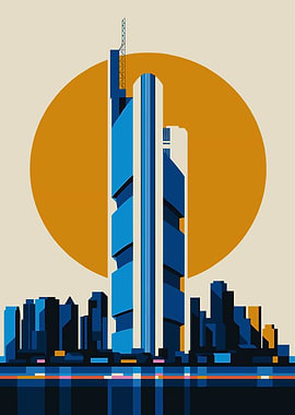 Modern Cityscape with Tower and Sun