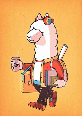 Llama Student with Coffee and Books