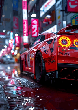 Red Sports Car in Rainy Cityscape