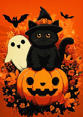 Halloween Cat, Ghost, and Pumpkin