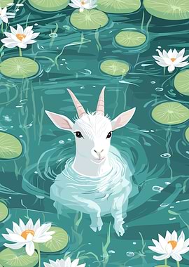 Goat in Water Lily Pond