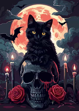 Halloween Black Cat on Skull #HalloweenChallenge