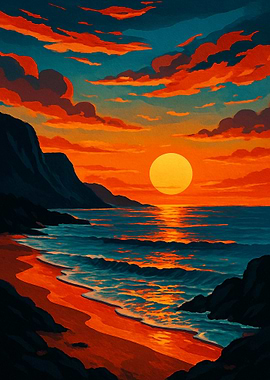 Golden Sunset Over Ocean Waves – Coastal Beach Metal Wall Art