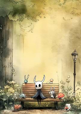 Hollow Knight on a bench