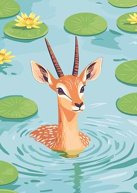 Gazelle in Water with Lily Pads