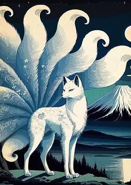Nine-tailed Fox in Japanese Landscape