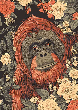 Orangutan Portrait with Floral Background