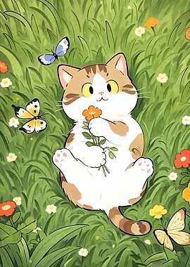 Cat with Flowers in a Meadow