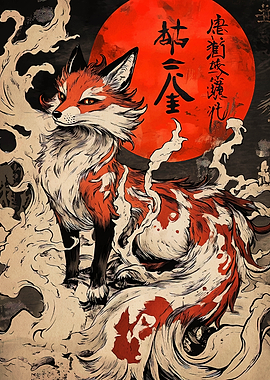 Fox with Red Moon and Japanese Text