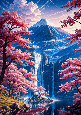 Cherry Blossom Sakura Mount Fuji Waterfall Japan Landscape Spring