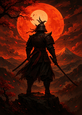 Samurai Warrior Under Red Moon