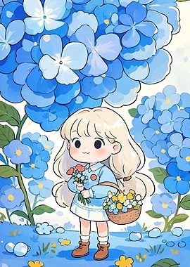 Chibi girl flowers hydrangeas