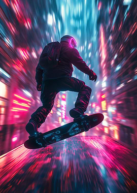 A futuristic glowing hoverboarder flying in a neon city