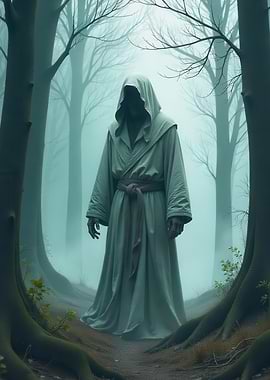 Mysterious Figure in Foggy Forest