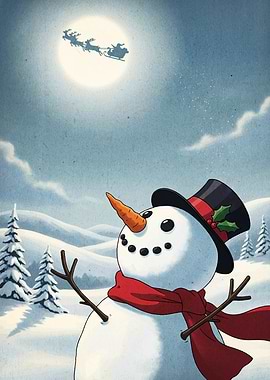 Snowman watching Santa's sleigh
