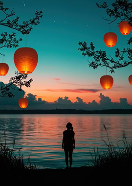 Lanterns over water with silhouette figure