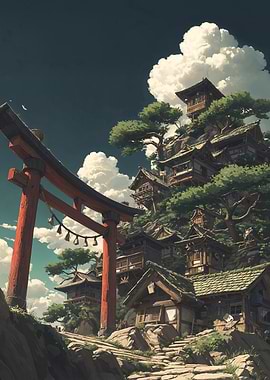 Japanese Village on Hill with Torii Gate