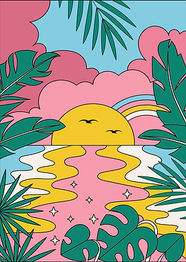 Retro Tropical Sunset Illustration