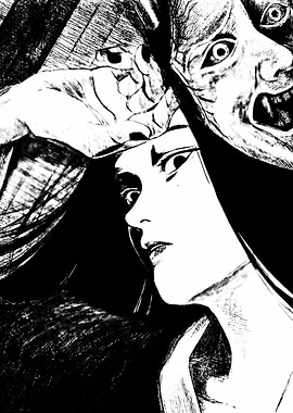 Woman with Oni Mask, Black and White