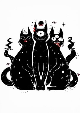 Three mystical black cats illustration