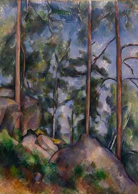 Forest Landscape Painting with Rocks and Trees
